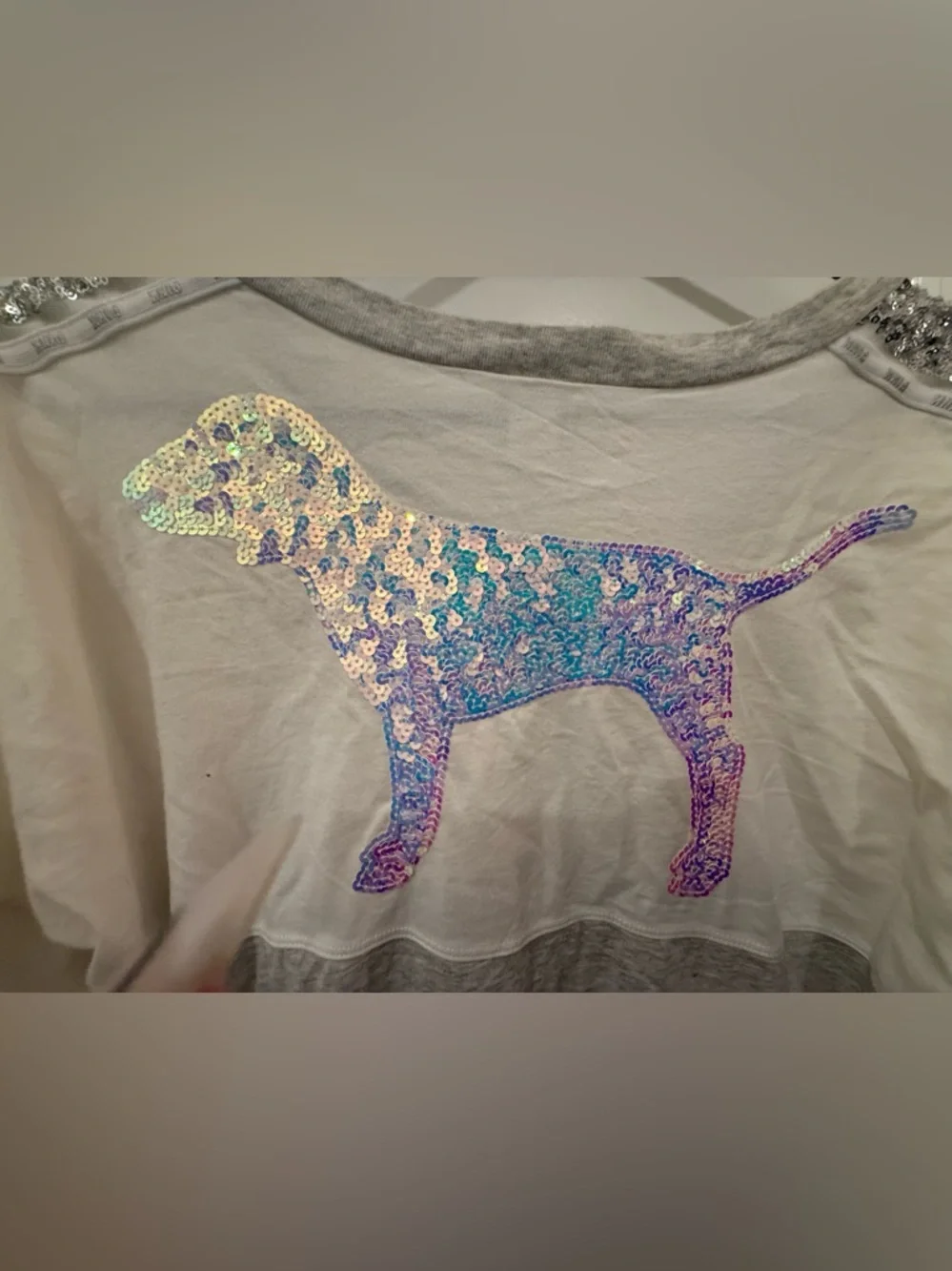 Victoria's Secret Sequin Dog Long Sleeve Top in White and Gray - Picture 5 of 6